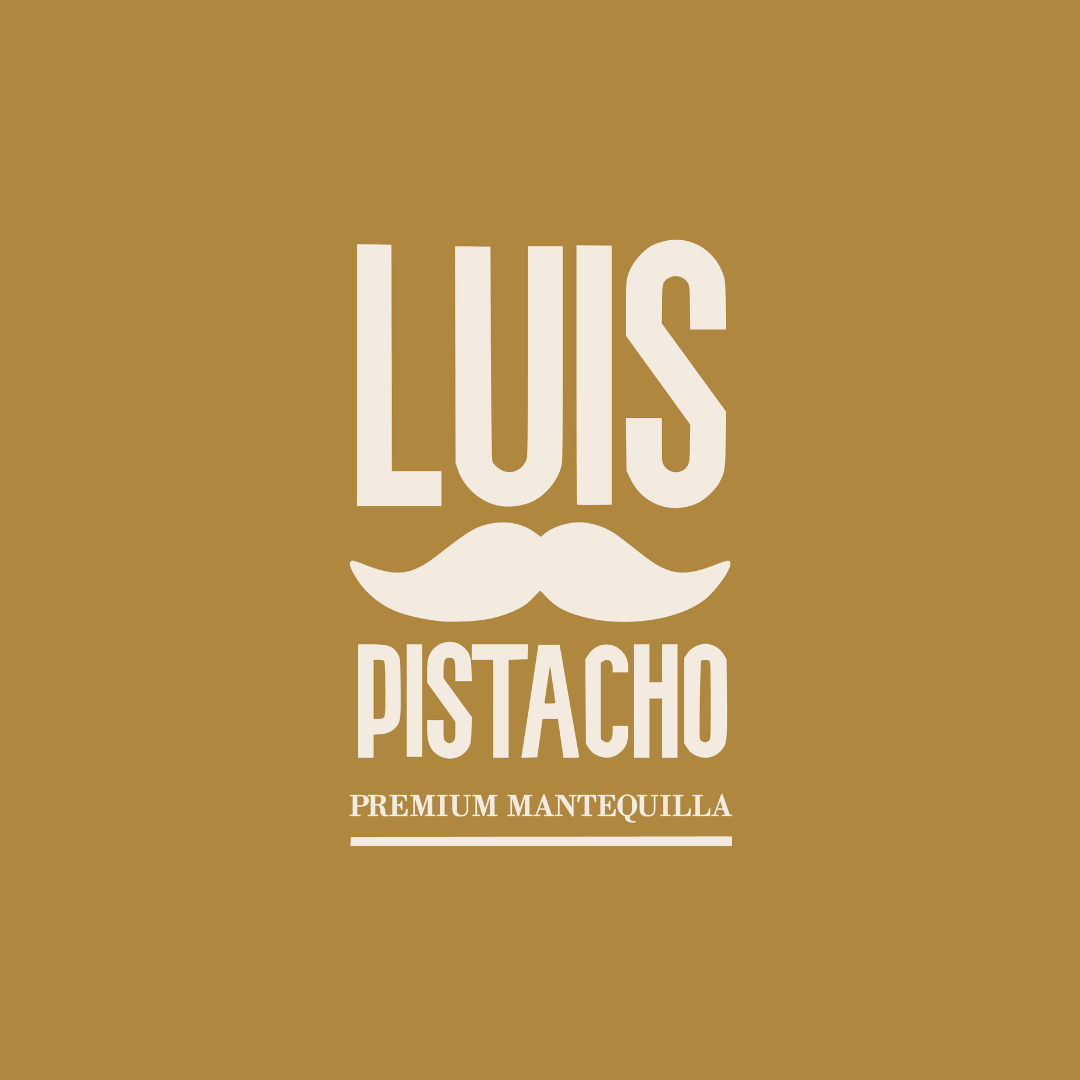 Logotipo de Luis Pistacho con bigote sobre fondo mostaza